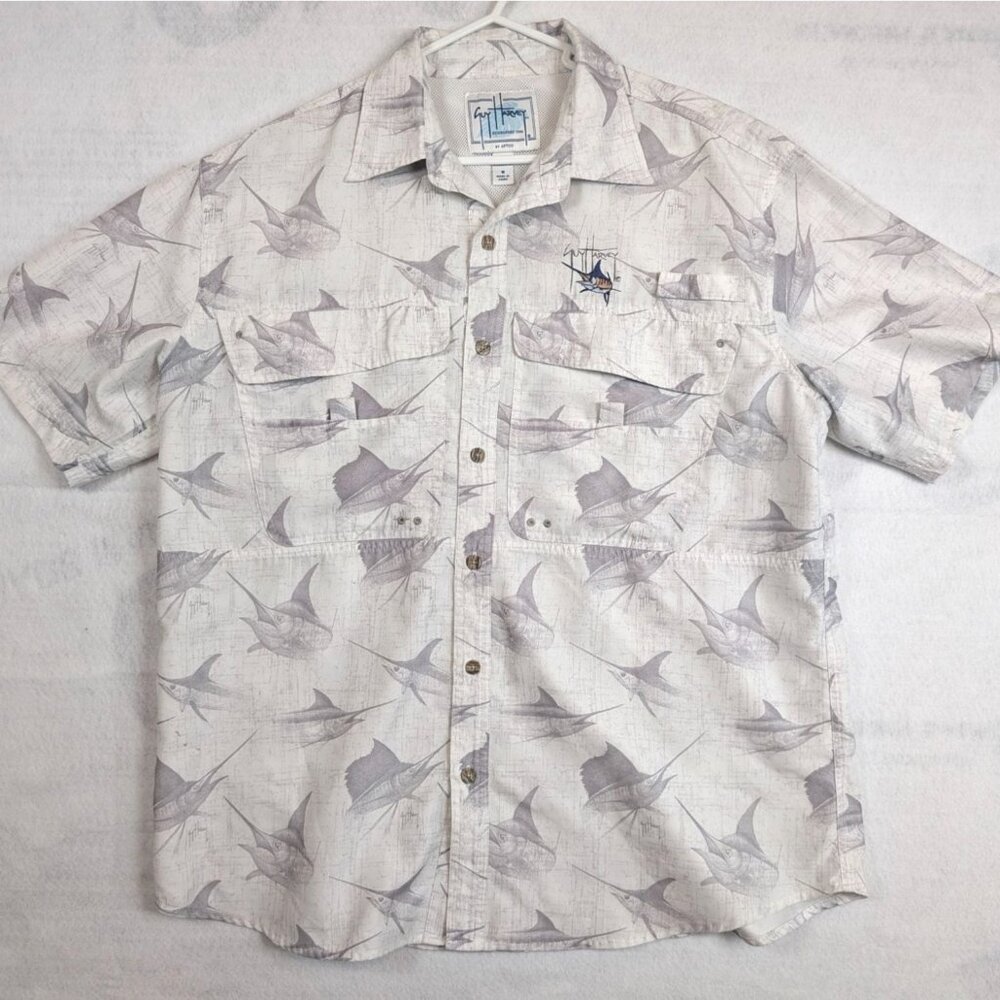 Guy Harvey Men's Fishing Shirt M White/Gray Swordfish Print Polyester Vented